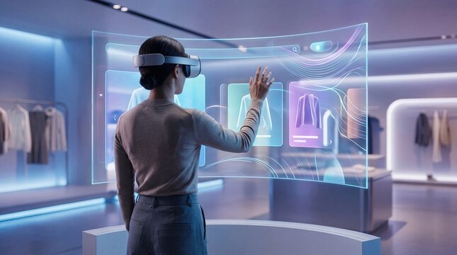 Young woman wearing virtual reality headset,experiencing futuristic online shopping interface in modern digital clothing store,touching glowing holographic fashion screen menus.