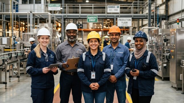 A group of five people in a manufacturing plant, wearing safety gear, standing in front of machinery.