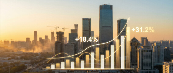 Obraz premium Financial growth chart with rising bars and percentage signs overlaid on modern city skyline at sunset