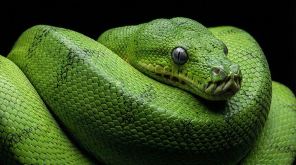 Obraz premium Extreme macro close-up of an emerald tree boa (Corallus caninus) on pure deep black background