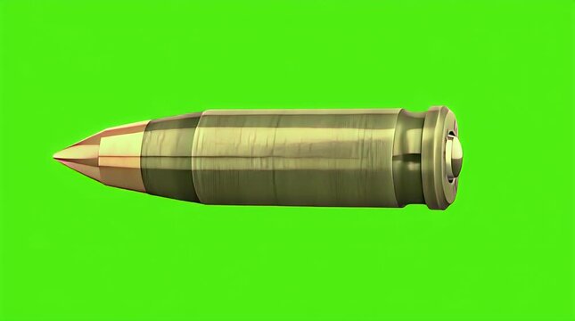 Animated 3d rendering of a metallic brass bullet projectile floating across a vibrant green screen chroma key background for easy editing isolation.