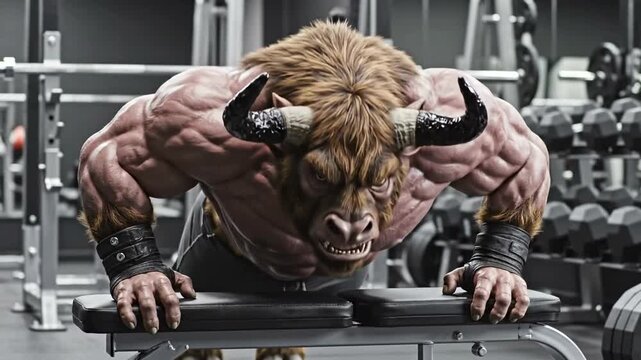 Minotaur doing push-ups in gym.