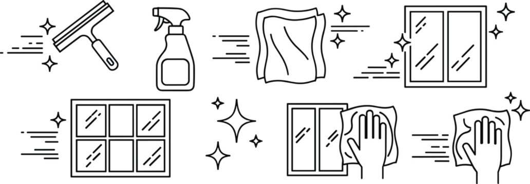 Window cleaning line icons set with squeegee spray cloth wiping glass hygiene service outline vector illustration collection