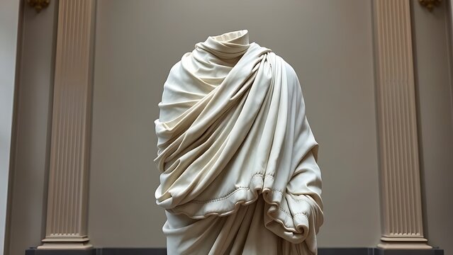 toga. A headless marble statue with detailed toga folds in a museum setting. event programs, museum guides, designed for cultural heritage projects and event programs, used by project managers.