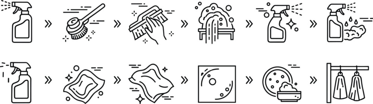 Cleaning process line icons set with spray brush sponge washing steps hygiene workflow outline vector illustration collection