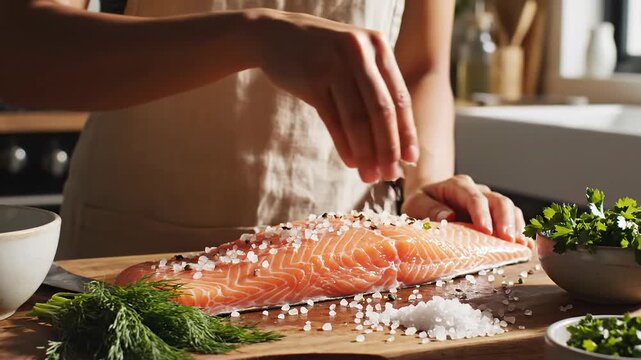 Chef seasons fresh salmon fillet with coarse salt and herbs for cooking, close-up