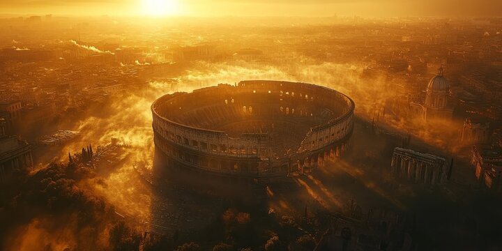 Golden sunrise illuminating the majestic colosseum in rome, italy
