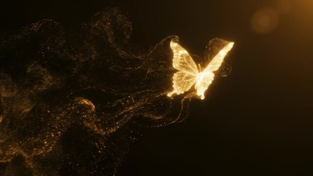 Panning shot of golden butterfly flying with magic particle effect