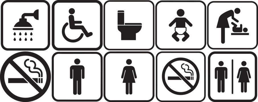 Black and white restroom signs with symbols and no smoking