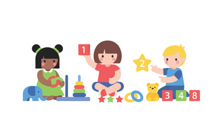 Fototapeta premium Three diverse children sit on the floor, happily playing with colorful educational toys like blocks, rings, and a teddy bear in a minimalist style.