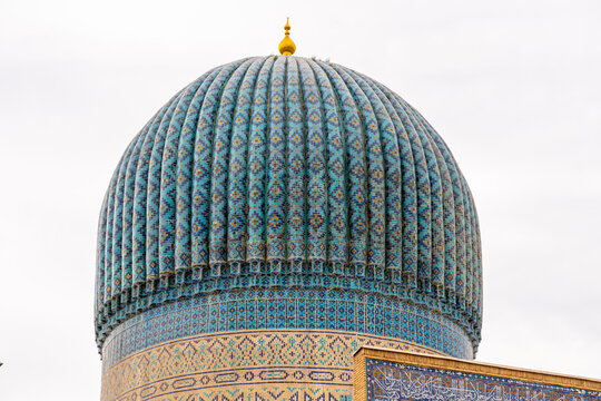 Gur-e-Amir - a mausoleum of the Asian conqueror Timur. Translation on mosque: Tamerlane. Famous travel destination in Uzbekistan