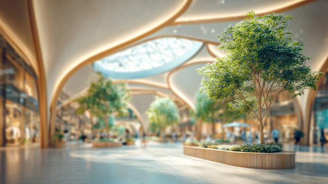 Shopping mall interior modern architecture indoor tree soft light blurred crowd sustainable design bright spacious shopping