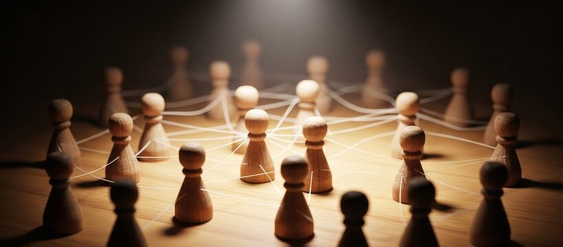 3D render of wooden pawn figures connected by white string