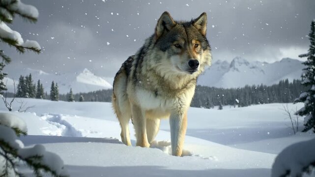 A gray wolf standing in a snowy landscape with pine trees and mountains in the background during a snowfall.