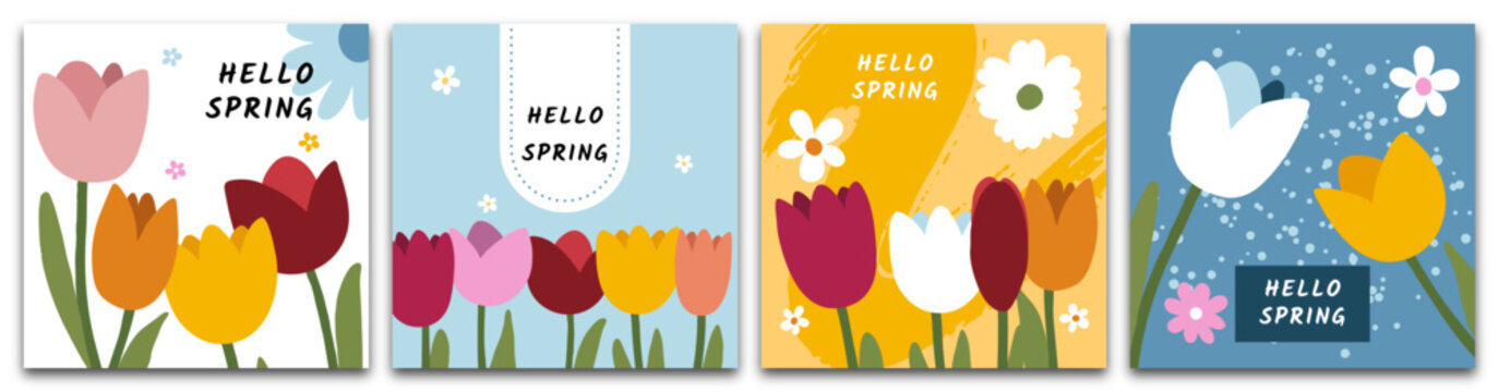 Colecci&oacute;n de tarjetas de felicitaci&oacute;n y p&oacute;steres para primavera con tulipanes y margaritas. Plantillas de arte floral dibujadas a mano para el D&iacute;a de la Mujer, cumplea&ntilde;os, D&iacute;a de la Madre, Pascua