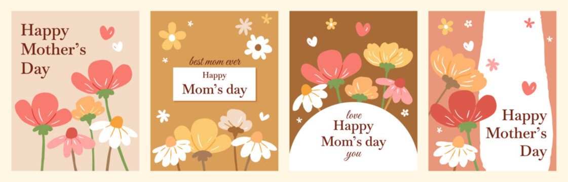 Conjunto de tarjetas para el D&iacute;a de la Madre. P&oacute;steres modernos con flores silvestres, margaritas, rosas. Plantillas florales dibujadas a mano para el D&iacute;a de la Madre, D&iacute;a de la Mujer, 8 de marzo