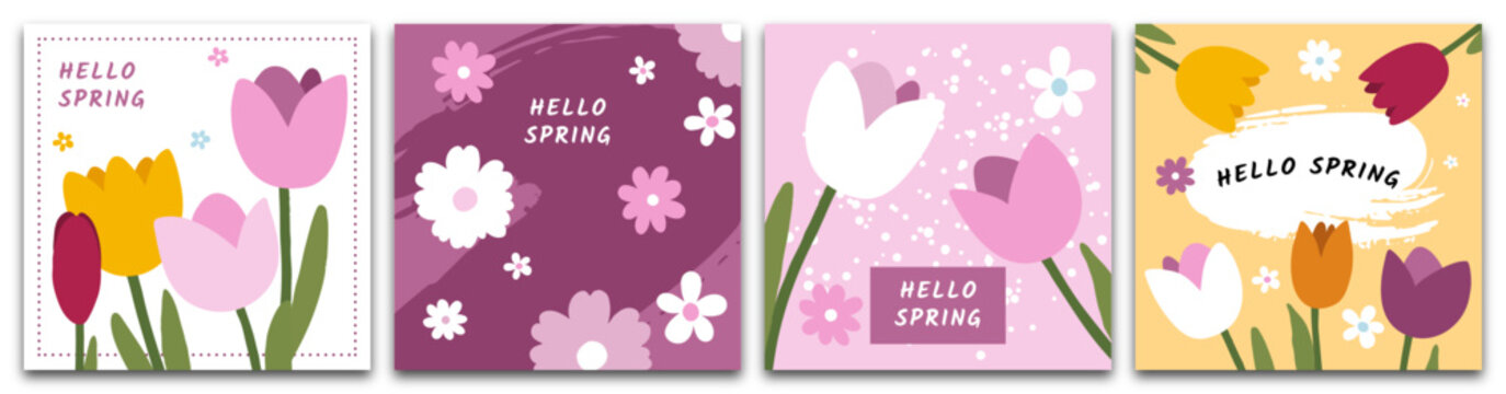 Colecci&oacute;n de tarjetas y portadas para las fiestas de primavera con tulipanes y margaritas color rosa. Plantillas florales dibujadas a mano para el D&iacute;a de la Madre, Pascua, D&iacute;a de la Mujer