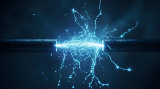 Intense blue electrical arcing and glowing plasma discharge between two dark electrodes creating a powerful and dynamic energy transfer in a dark envi