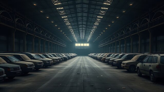 succinct. A vast, empty warehouse with rows of dust-covered vehicles under dim industrial lighting. mobility guides, transit brochures, designed for mobility and urban transit guides.