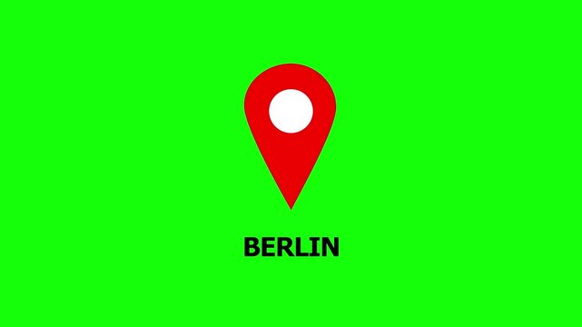 Red Map Pin Locations with 'BERLIN' Text on Green Background Cinematic Motion