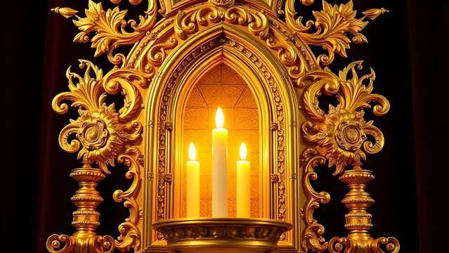 monstrance. Ornate golden monstrance glowing with warm light against a dark velvet background. event programs, museum guides, designed for cultural heritage projects and event programs.