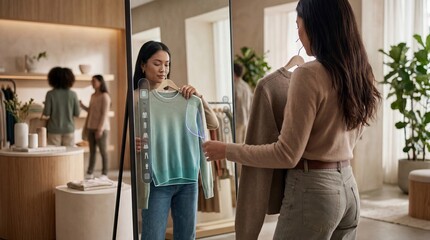 Fototapeta premium Woman,trying,on,virtual,clothing,using,smart,mirror,with,augmented,reality,interface,in,high,end,fashion,boutique,interactive,shopping,experience,and,future,retail,technology,innovation