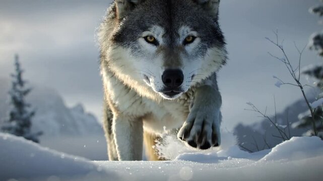 Close-up of a gray wolf walking through snow with a moody winter landscape background.