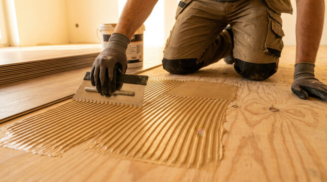 Professional Carpenter Laying Wooden Floor with Trowel