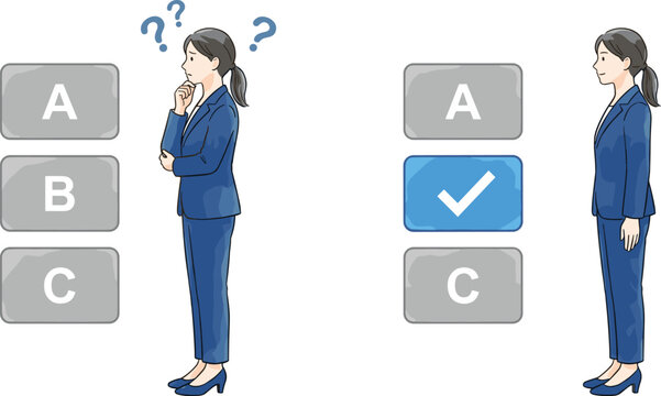Businesswoman pondering options and making a definitive choice, illustrating the process of selection and problem-solving in a professional setting