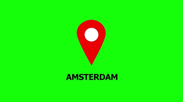 Red Map Pin Location Markers on Green Screen with Amsterdam TextMotion Graphics