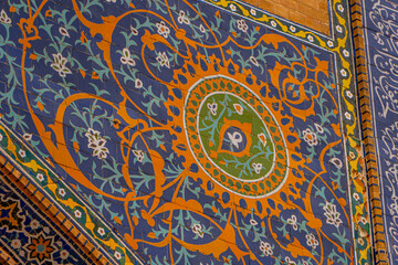 Fototapeta premium Samarkand Registan, Uzbekistan, Old light blue mosaics in Samarkand, background image