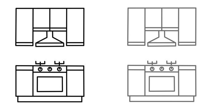 Kitchen cabinet and stove icons set with minimalist line art style for interior design home appliance and cooking related vector