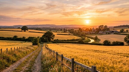 Obraz premium A serene rural landscape with a dirt path winding through golden fields and a wooden fence, under a vibrant sunset sky with warm hues of orange, yellow, and pink.