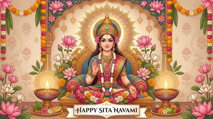 Obraz premium Celebration of the birth of the goddess Sita Navami. Colorful illustration of Goddess Sita surrounded by flowers and a lotus. Happy Sita Navami