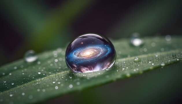 A crystal clear water droplet on a leaf reflects a galaxy