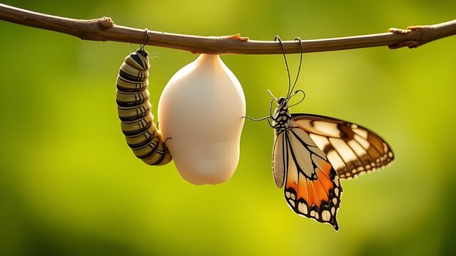 negligent. A caterpillar and butterfly near a cocoon on a branch, symbolizing transformation. wildlife magazines, conservation campaigns, designed for wildlife conservation campaigns.
