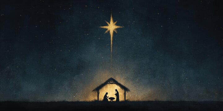 Nativity scene. Christian Christmas concept. Birth of Jesus Christ. Wooden manger in dark blue night. Banner, copy space. Jesus is reason for season. 