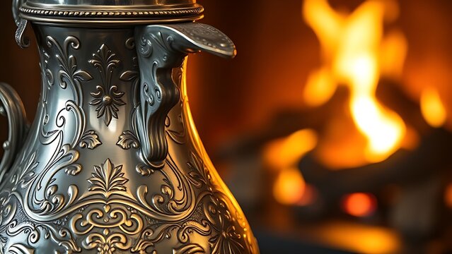 flagon. An intricately engraved silver flagon reflecting flickering firelight. product launch decks, UI/UX mockups, designed for product launches and innovation pitches, used by product marketers.