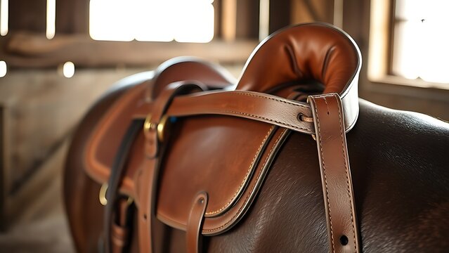 girth. Leather horse girth draped over a wooden saddle, brass buckle gleaming. wildlife magazines, conservation campaigns, designed for wildlife conservation campaigns, promotes animal welfare.