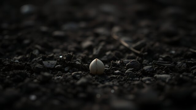 tenet. A single seed buried in dark, rich soil with subtle highlights. gardening catalogs, home-decor guides, designed for home decor and floral branding, used by operations managers.