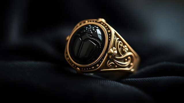 khepri. Ornate scarab beetle gemstone seal ring on black velvet with detailed carving. wildlife magazines, conservation campaigns, designed for eco-tourism storytelling, used by recruiters.