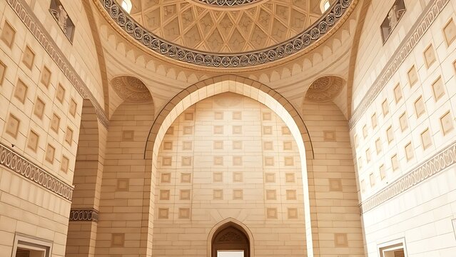 squinch. Islamic architectural interior with geometric patterns under a dome, soft ambient light. real-estate listings.