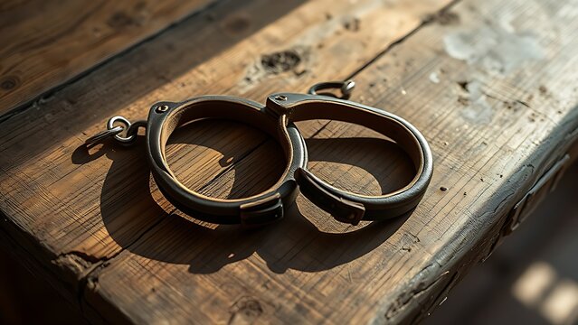blinders. Aged leather horse blinkers resting on a rough wooden table in warm light. wildlife magazines, conservation campaigns, designed for nature documentaries and education.