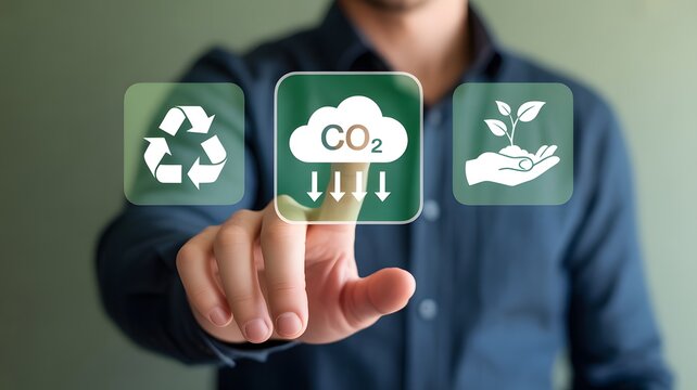 Professional touches an interactive screen displaying icons for carbon dioxide reduction recycling and green g