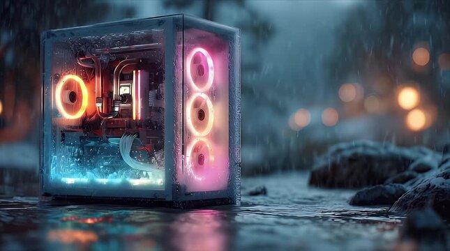 Slow pan of glowing RGB gaming PC in rain at night with no people