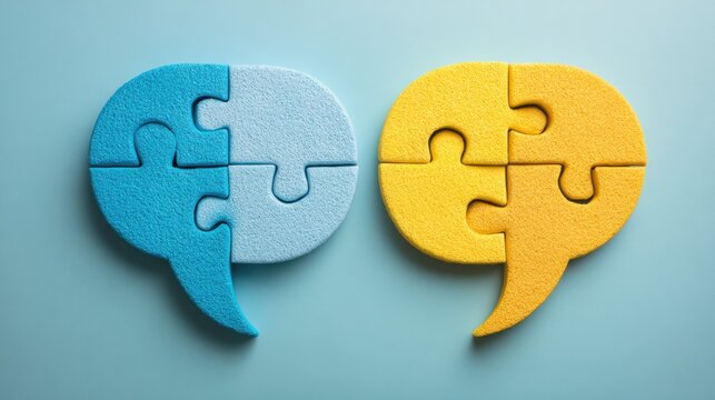 Two puzzle pieces come together to form a speech bubble symbolizing clear communication. Both pieces are on a blue background.
