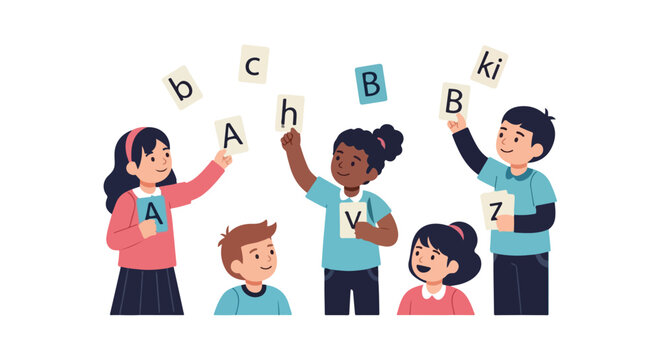 A vector illustration of a diverse group of five happy children holding up various alphabet cards, promoting early childhood education and literacy.