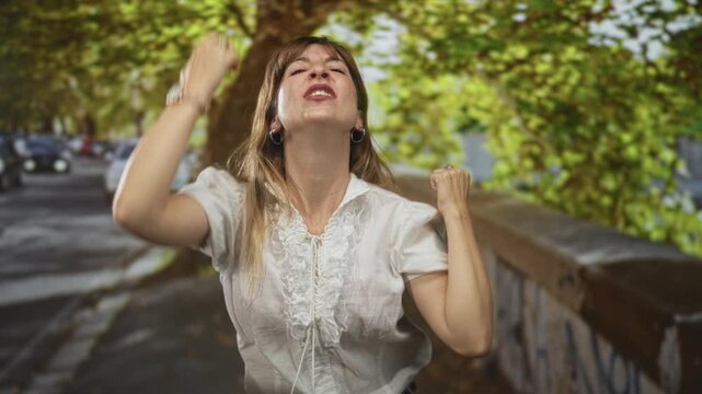 Woman raising fists on street in white blouse, mouth open in cheer, forearms visible beside graffiti wall and parked cars; victory joy.