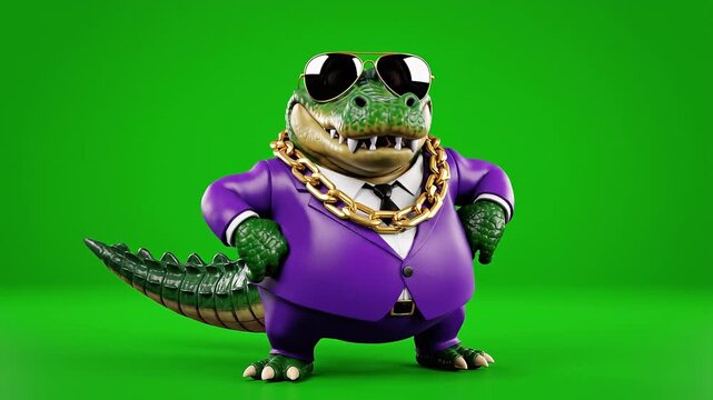 Boss Alligator Character in Purple Suit and Sunglasses 3D Illustration