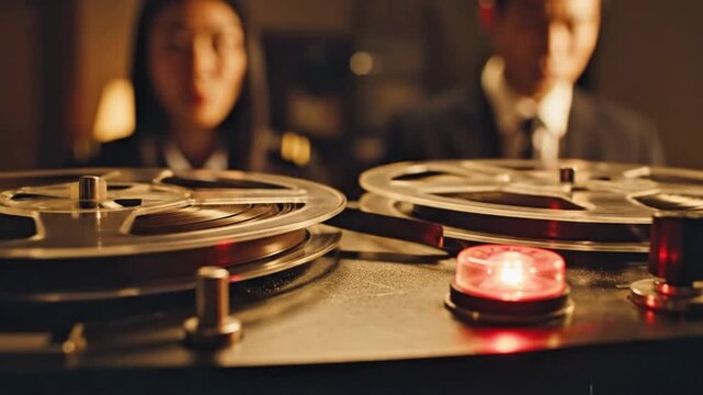 Vintage reel to reel tape recorder in dark interrogation room